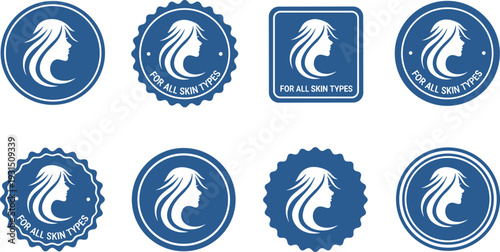 Set of blue skincare badges with woman profile silhouette and for all skin types label, cosmetic branding vector collection isolated on white background