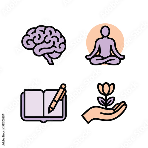 Mental wellness productivity icon set with meditation brain notebook flower and self care lifestyle symbols