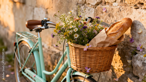 Bike with basket and flower and bread: A vintage bicycle adorned with a charming basket overflowing with vibrant flowers and a freshly baked baguette leans gracefully against a weathered stone wall.