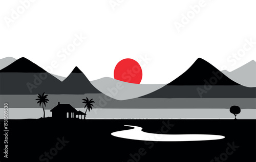 An illustration of a desert landscape featuring the pyramids of Egypt under a golden sunset sky with a mountain silhouette and nature design