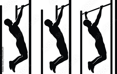 Silhouette of athletic man performing pull up exercise on horizontal bar showing progressive movement stages, strength training workout concept, minimalist black and white fitness illustration