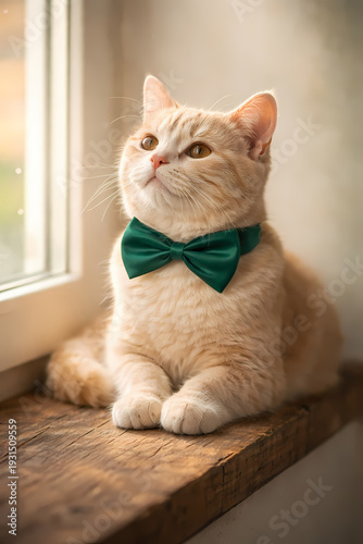 Wallpaper Mural Cute Ginger Cat Wearing Green Bow Tie Sitting on Wooden Window Sill Torontodigital.ca