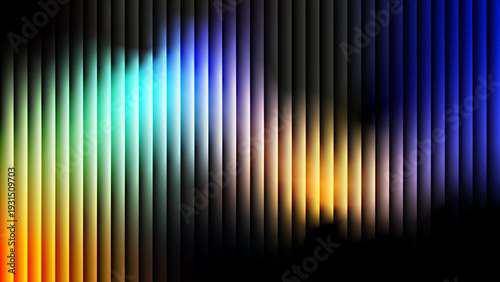 Vibrant abstract fractal glass effect background featuring a spectrum of vertical stripes with ribbed pattern texture with blue, yellow, teal and orange glowing light. Vector graphic design elements.