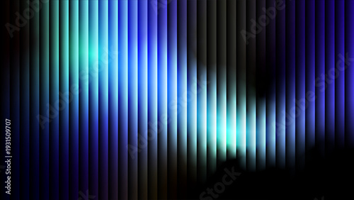 Vibrant abstract fractal glass effect background featuring a spectrum of vertical stripes with ribbed pattern texture with blue, and teal glowing light. Vector graphic design elements.