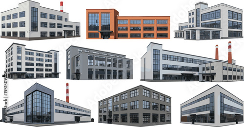 Modern industrial factory and office building set, commercial architecture illustration collection isolated on white background