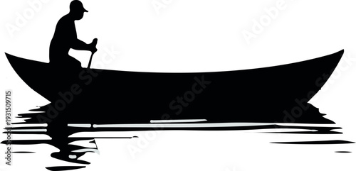 Solitary Fisherman's Journey: Minimalist Vector Silhouette of a Man in a Rowboat on Calm Waters Against a Serene Horizon. Perfect for Tranquil Adventures and Peaceful Escapes.