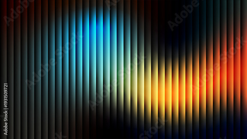 Vibrant abstract fractal glass effect background featuring a spectrum of vertical stripes with ribbed pattern texture with red, orange, yellow, and blue glowing light. Vector graphic design elements.