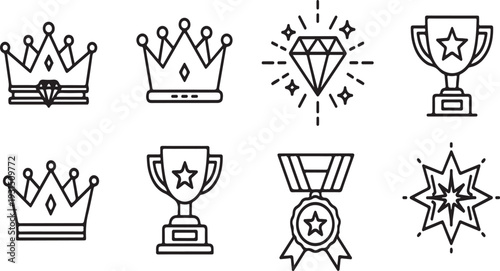 Collection of royal crowns trophies medals and starburst icons in simple line art style