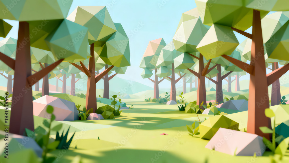 Fototapeta premium Geometric Trail of Serenity: A whimsical geometric representation of a tranquil forest trail, with stylized trees and a sense of calm leading toward the horizon.