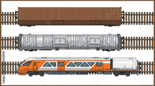 Top View Detailed Train Cars Illustration Featuring Passenger Carriage, Tank Wagon and Freight Container on Railway Tracks – Technical Vector Transport Design Isolated Background