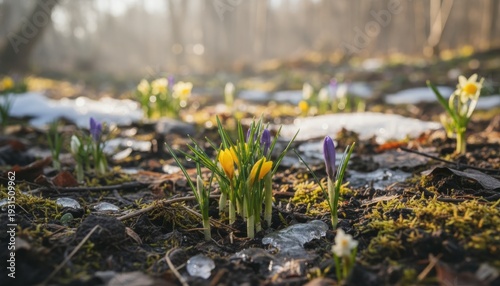 Crocus Flowers Blooming in Early Spring Sunlight