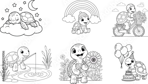 Charming cartoon turtles in sweet and playful scenes for coloring tortoise illustration