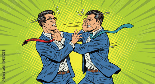 Angry businessmen fighting in pop art style, aggressive corporate conflict illustration with comic background