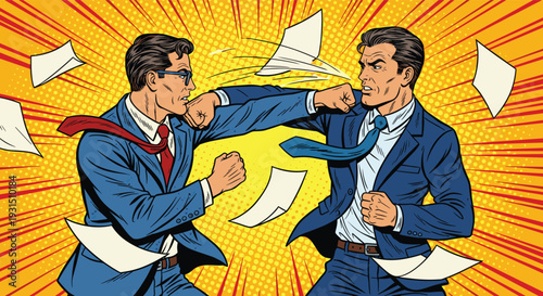 Businessmen punching each other in pop art comic style, dramatic corporate fight with flying papers illustration