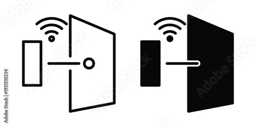 Smart Home Door Lock Icon Design Set with Wireless Connection Symbols