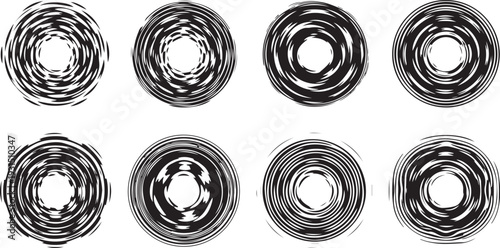 Black and white abstract circular patterns on white background