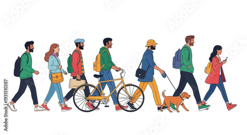 “Diverse People Walking and Cycling in Urban Lifestyle Scene Vector”