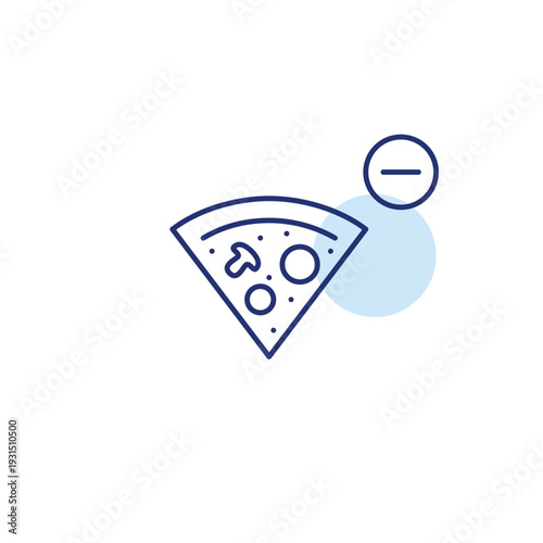 Mushroom, salami and tomato pizza slice and minus. Meal cancelled, remove positions from order. Pixel perfect, editable stroke vector icon