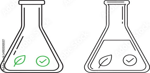 Two erlenmeyer flasks with leaves and checkmarks