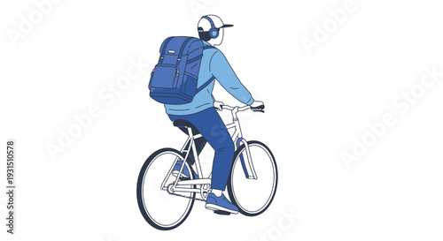 Cyclist wearing a backpack and headphones rides a bicycle viewed from the rear illustrating urban commuting and active delivery service transportation concepts in motion