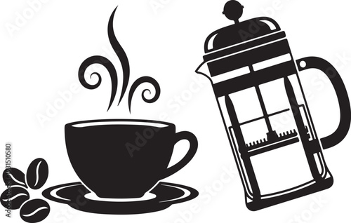 Steaming cup of coffee with french press and coffee beans
