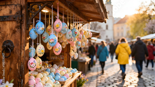 Easter Market Festivities: Festive decorations adorn a bustling market scene, capturing the essence of cultural traditions, showcasing an array of beautifully crafted eggs.