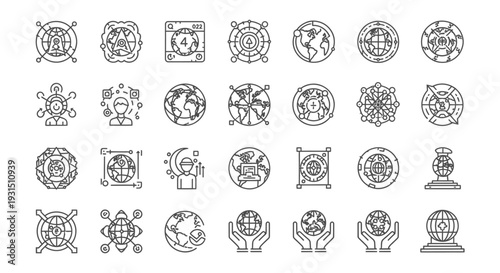 collection of global network and data technology line icons for digital communication and worldwide concepts