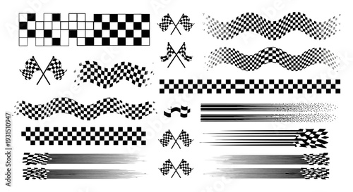 dynamic racing checkered flags wavy finish lines and speed streaks graphic elements for sports and automotive designs.