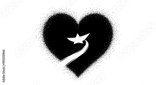 grunge style black heart with a white paper boat sailing on a curving wave symbolizing loves journey hope and aspiration.