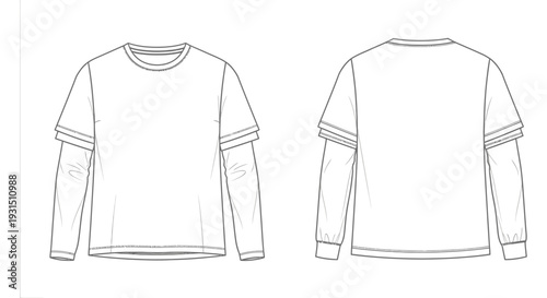 layered long sleeve t-shirt vector flat sketch front and back views technical fashion drawing for apparel design and clothing mock-ups
