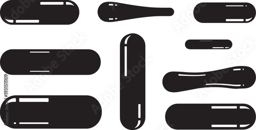 Black pills and capsules on white background illustration set