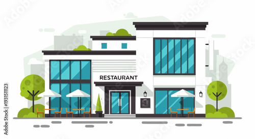 Modern restaurant exterior with large blue windows and outdoor seating in a contemporary urban setting