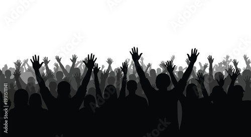 “Excited Crowd Silhouette with Raised Hands at Live Music Concert Event”