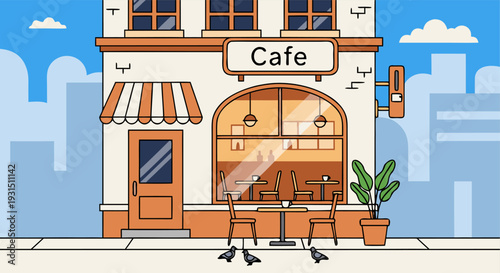 Charming city cafe exterior with outdoor seating, potted plant, and pigeons on a sunny day in an urban setting