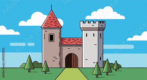 Colorful cartoon medieval castle with red roof and tower in green landscape under blue sky with clouds