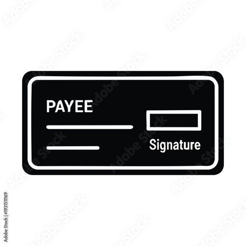 Simple black and white icon depicting a bank check with payee and signature fields clearly marked for financial transactions.