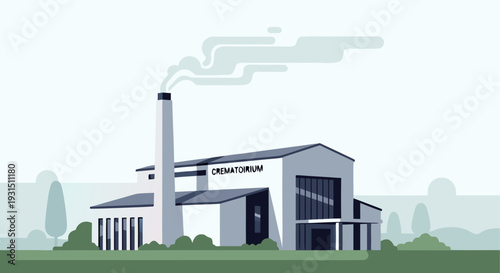 Modern crematorium building with chimney emitting smoke in minimalist urban setting with trees and clean architectural lines