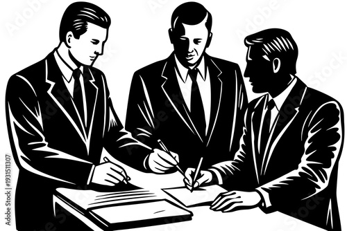Three businessmen in suits signing documents at a table in a vintage black ink style illustration