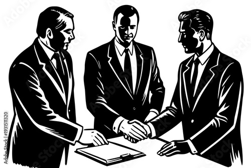 Black and white illustration of three businessmen in suits shaking hands over a document on a table