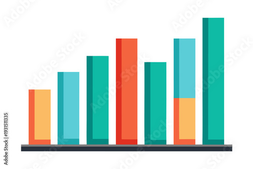 Colorful bar chart with eight vertical bars in varying heights representing data analysis and statistical growth on a white background