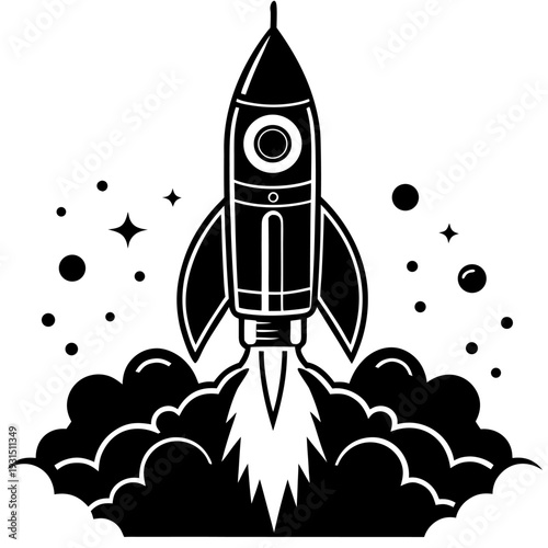 Retro rocket ship blast off with stars and clouds – black and white space exploration illustration