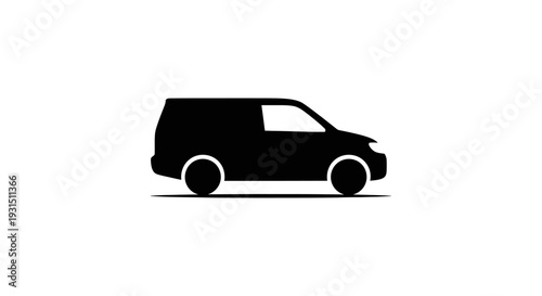 black silhouette of a cargo delivery van in side profile on a white background symbolizing logistics transport and commercial services.