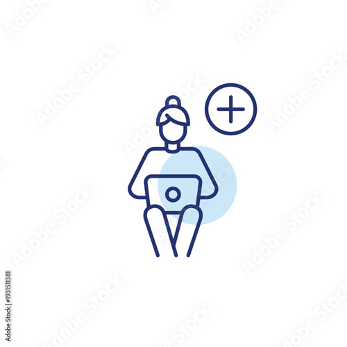Remote work task created. Woman working at laptop at home and plus. Pixel perfect, editable stroke vector icon