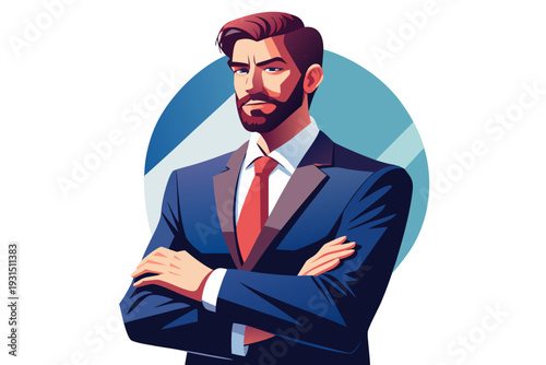Confident businessman in stylish suit with arms crossed, modern illustration with blue circle background and professional attire