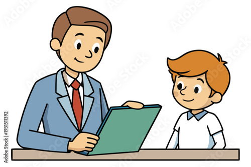 Animated image of smiling teacher in blue suit discussing green folder with attentive young student wearing white shirt at desk