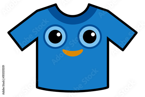 Cartoon blue t-shirt with cute smiling face and big eyes on white background, perfect for kids' fashion, playful apparel designs, and fun clothing concepts