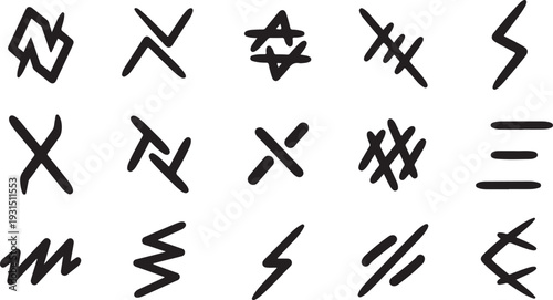 Hand drawn abstract symbols and markings on white background
