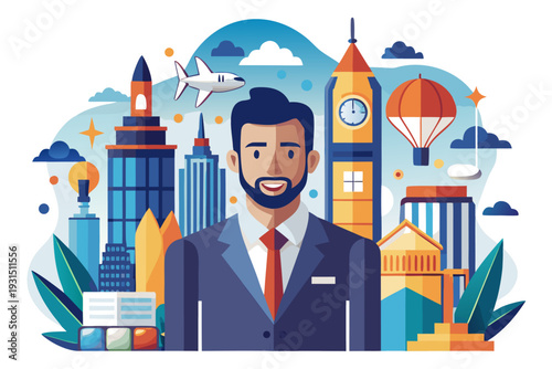 Smiling businessman in formal attire with global landmarks and travel icons signifying international business and exploration