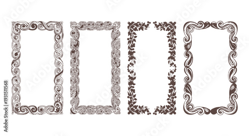 four decorative vector frames on white featuring intricate scrollwork elegant floral patterns and vintage ornament borders for graphic design projects