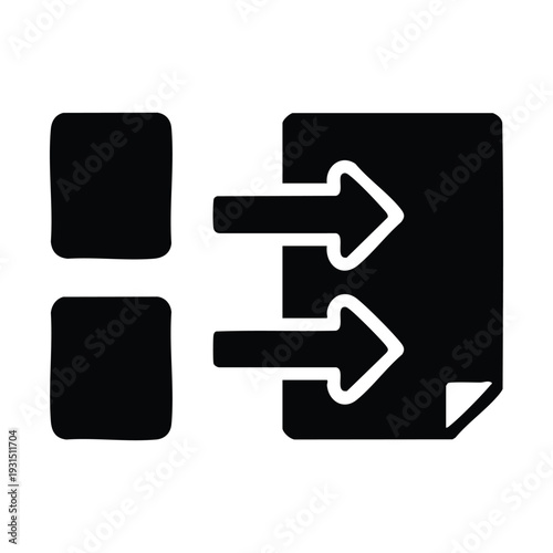 Black and white icon depicting data or elements being merged or imported into a single document or file, symbolizing consolidation or transfer.